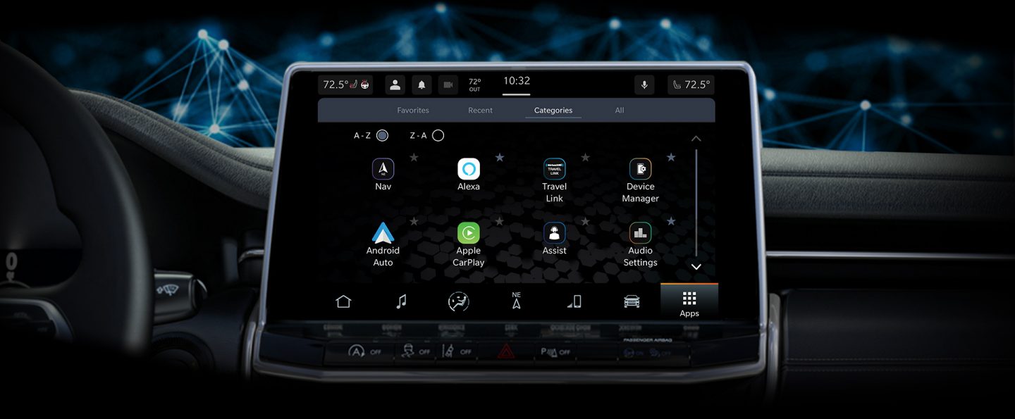 The Uconnect touchscreen in the 2022 Jeep Compass displaying the Categories screen.